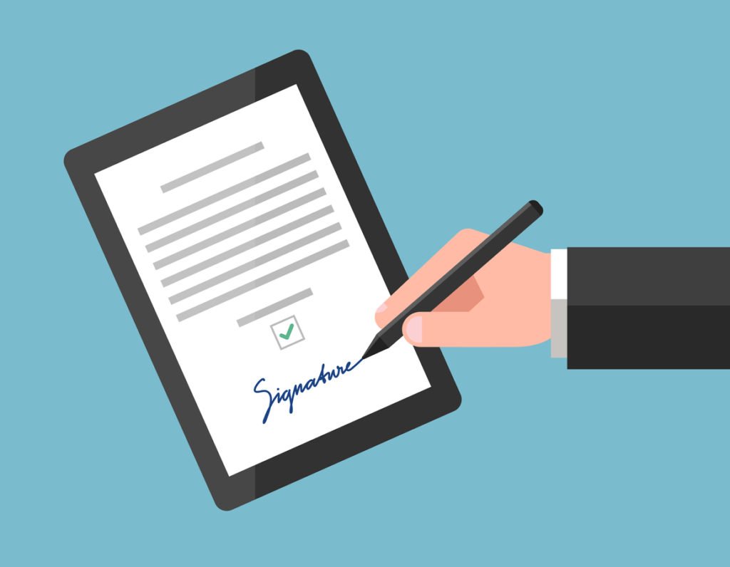 Signing of digital contract using signature, on tablet. Electronic agreement in modern business